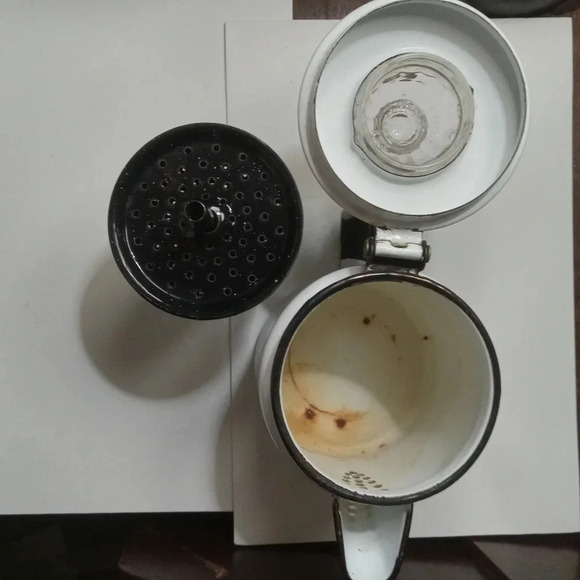 Vintage Georges Briard Ambrosia Enamel Coffee Pot Percolator Fire King Glass Top - Picture 4 of 9